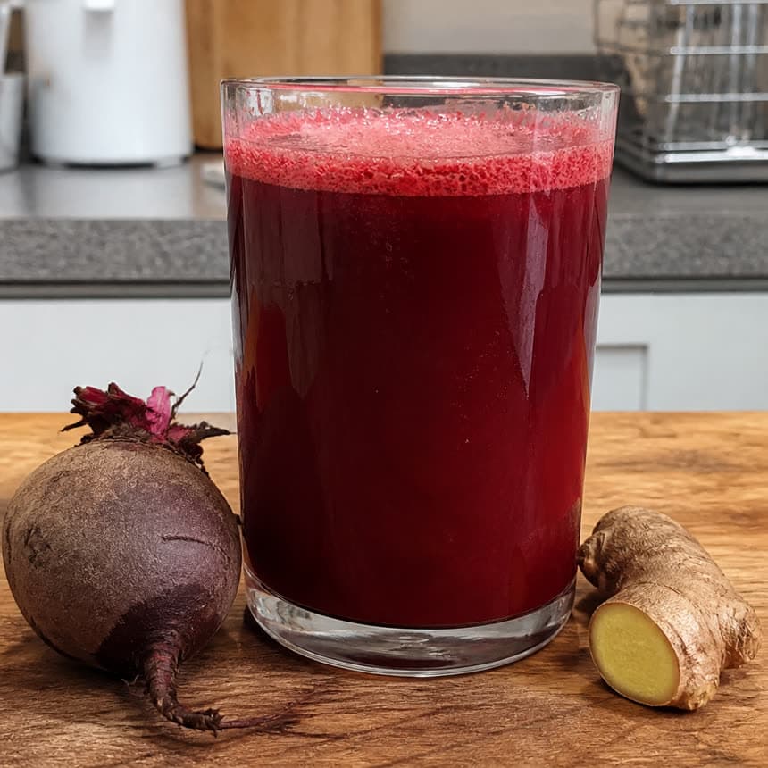 Vaso de jugo de remolacha con jengibre sobre una tabla de madera